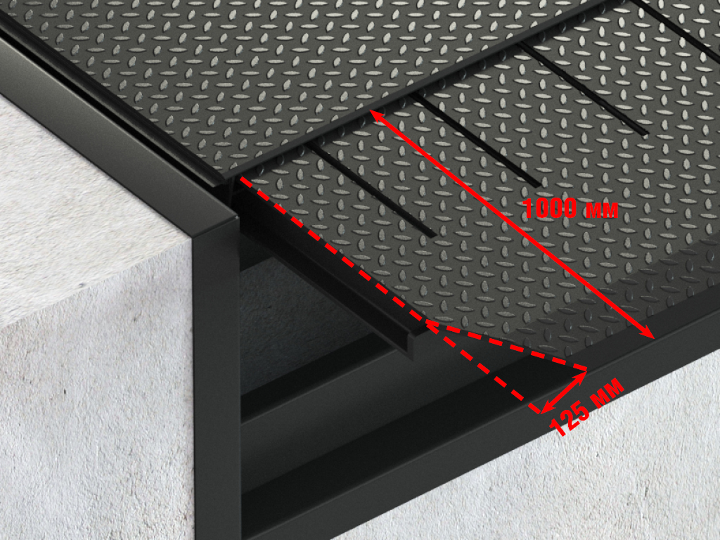 Wedge-shaped lip. 35 mm bevel. Whole, without segments. Such levelers are ideal for trucks with different-size load beds or in case a truck parks not in the center of the loading dock preventing truck damage.